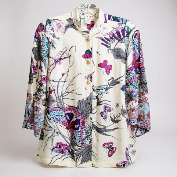 Citron Santa Monica Silk Blouse Top Butterfly Floral PXS Button Up Art to Wear - Picture 8 of 9